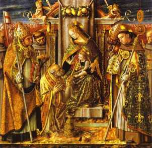 Madonna and Child Enthroned with Presentation of the Keys to St. Peter, with Saints John of Capistrano, Emidius, Francis, Louis of Toulouse, James of the Marches, and an Unidentified Bishop. 1488 / Carlo Crivelli